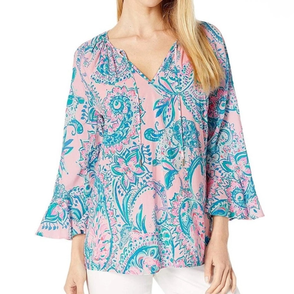 NWT Lilly Pulitzer Willa Flounce Sleeve Top M Pink Tropics Tint Tangerine Dream